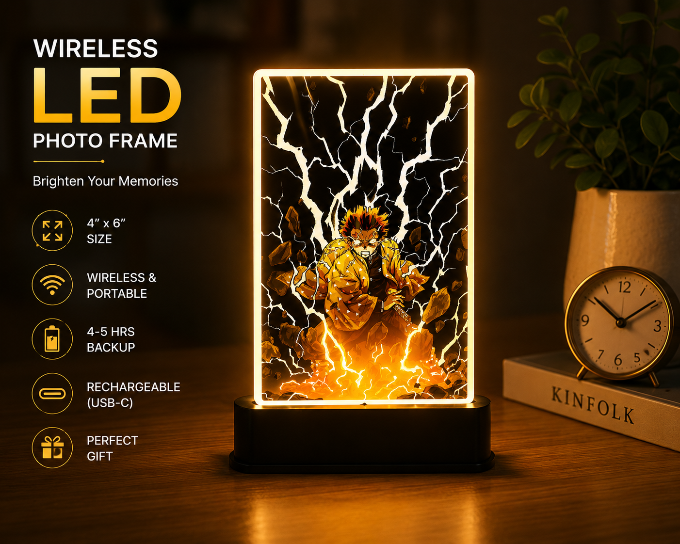 Wireless Rechargeable LED Anime Photo Frame | 4×6 Inch Acrylic Table Lamp | USB Type-C | 4-5 Hours Battery Backup | Premium Desk Decor & Gift